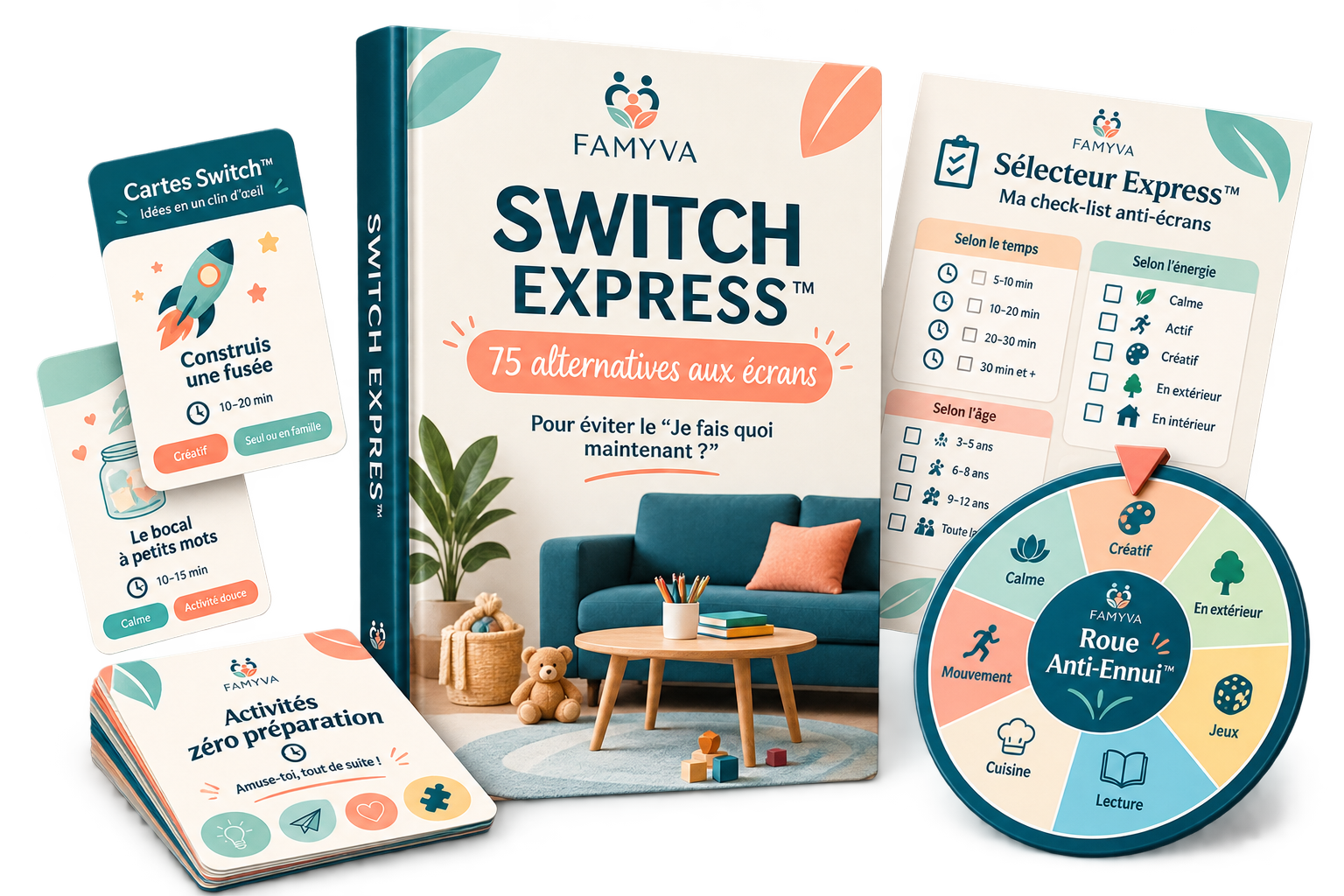 Mockup Switch Express™ : guide, cartes Switch™, Sélecteur Express™ et Roue Anti-Ennui™